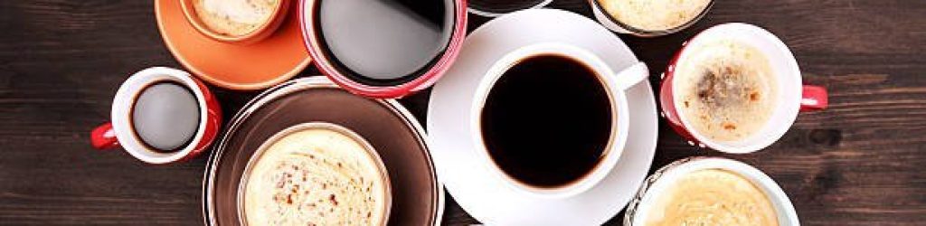 Many different cups of coffee on dark wooden table, top view.